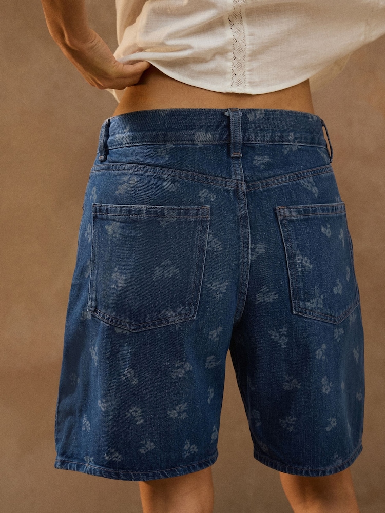 Dark Blue Ditsy Print Bermuda Denim Shorts - Image 3 of 3