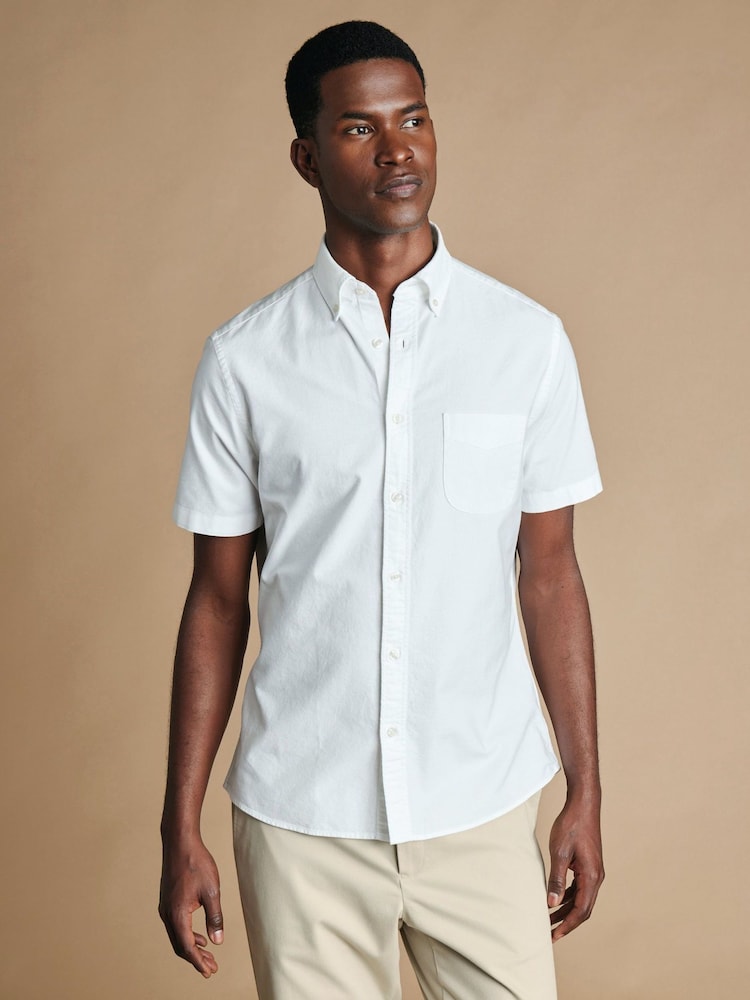 Charles Tyrwhitt White Plain Short Sleeve Button-down Stretch Washed Oxford Shirt - Image 1 of 8