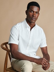 Charles Tyrwhitt White Plain Short Sleeve Button-down Stretch Washed Oxford Shirt - Image 4 of 8