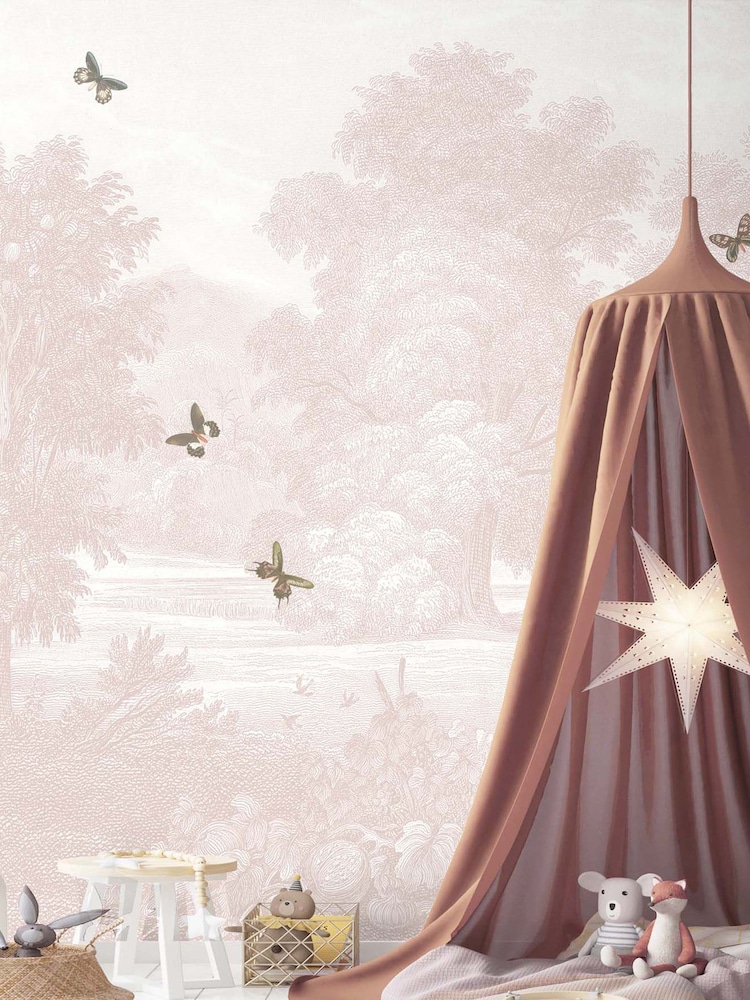 Woodchip & Magnolia Pink Land of Milk & Honey Butterflies Wallpaper - Image 1 of 2