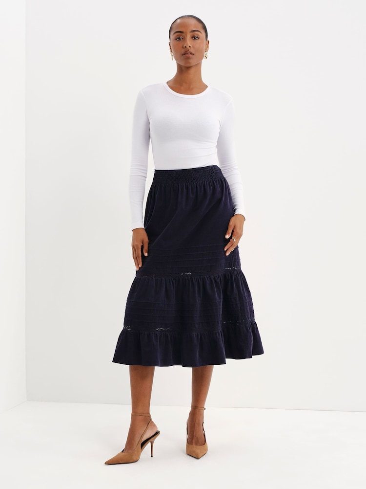 Finery Blue Marcella Corduroy Lace Detail Midi Skirt - Image 2 of 5