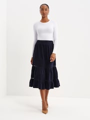 Finery Blue Marcella Corduroy Lace Detail Midi Skirt - Image 3 of 5