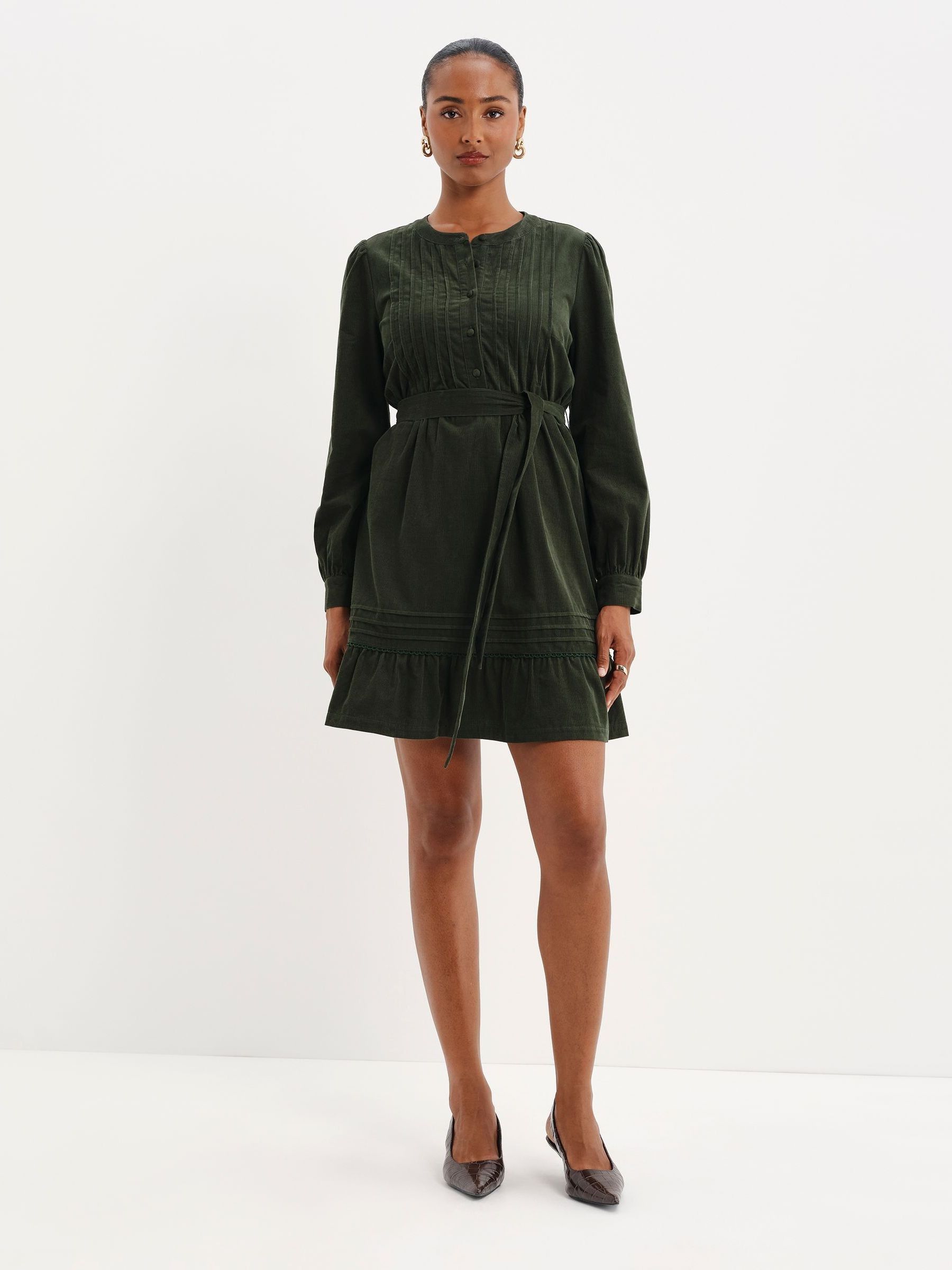 Finery London Women's Dark Green Marianne Corduroy Tie Waist Short Dress In Size 24 - Image 3