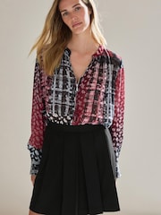 Black/Red Floral Check Cuffed Long Sleeve Sheer V-Neck Zip Detail Blouse - Image 1 of 6