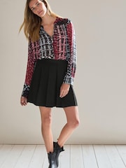 Black/Red Floral Check Cuffed Long Sleeve Sheer V-Neck Zip Detail Blouse - Image 2 of 6