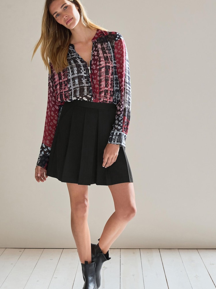 Black/Red Floral Check Cuffed Long Sleeve Sheer V-Neck Zip Detail Blouse - Image 2 of 6