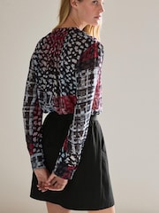 Black/Red Floral Check Cuffed Long Sleeve Sheer V-Neck Zip Detail Blouse - Image 3 of 6