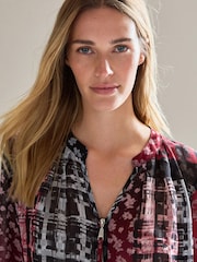 Black/Red Floral Check Cuffed Long Sleeve Sheer V-Neck Zip Detail Blouse - Image 4 of 6