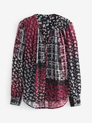 Black/Red Floral Check Cuffed Long Sleeve Sheer V-Neck Zip Detail Blouse - Image 5 of 6