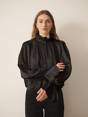 Qara - CERENE Long Sleeve High Neck Satin Blouse - 11şəkildən 3 şəkil