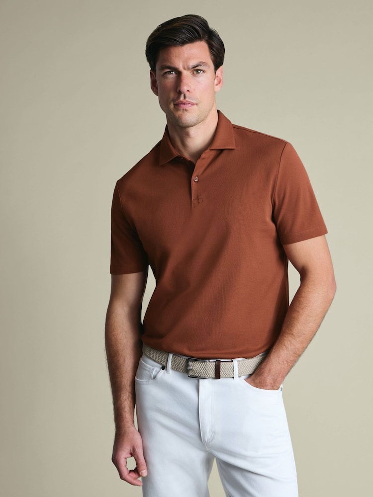Charles Tyrwhitt Brown Short Sleeve Cotton Stretch Smart Pique Polo Shirt - Image 1 of 5