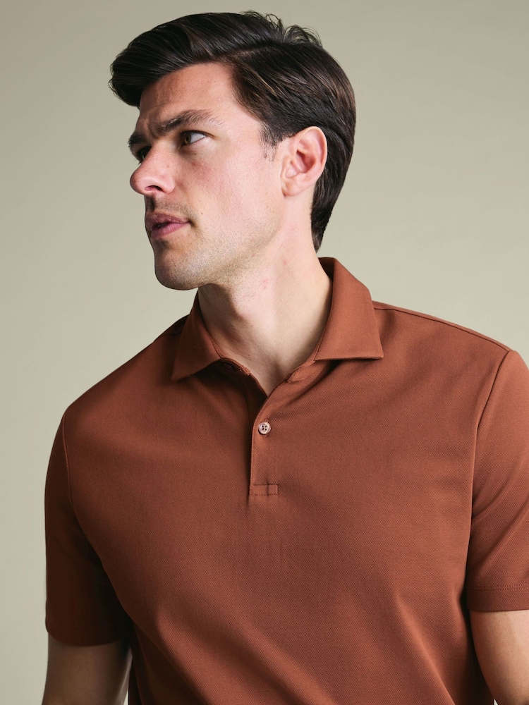 Charles Tyrwhitt Brown Short Sleeve Cotton Stretch Smart Pique Polo Shirt - Image 2 of 5