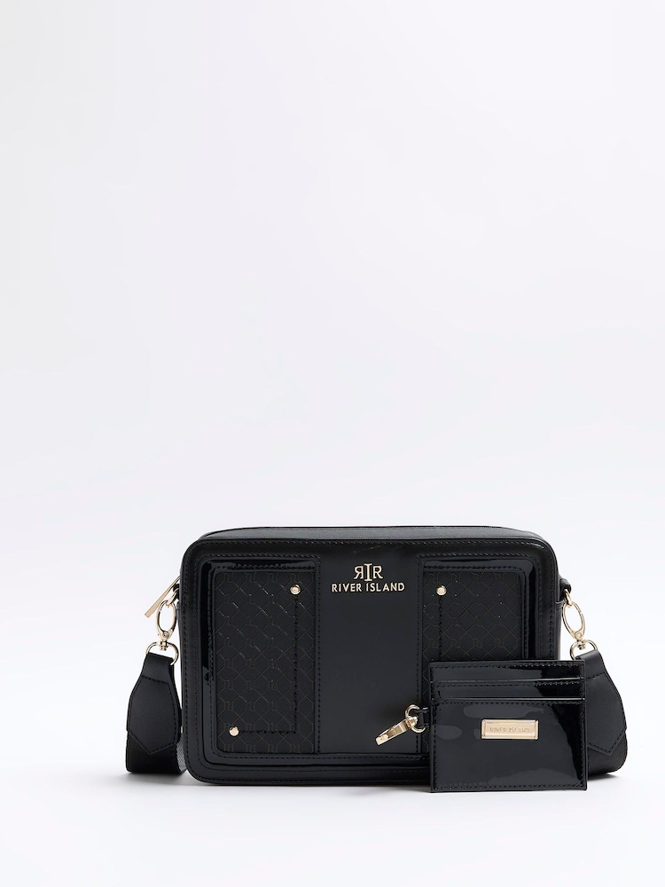 River Island Black Monogram Boxy Cross-Body Bag - Image 1 of 4