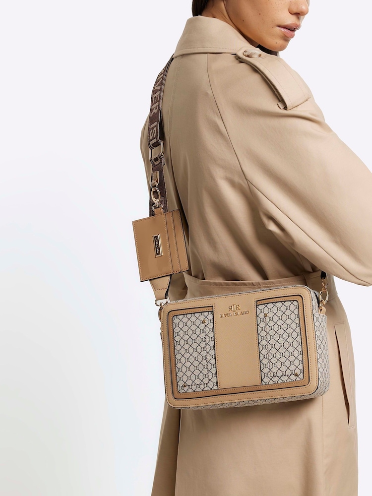 River Island Brown Monogram Boxy Cross-Body Bag - Image 1 of 6