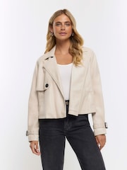 River Island Cream Crop Faux Leather Trench Coat - Image 1 of 3