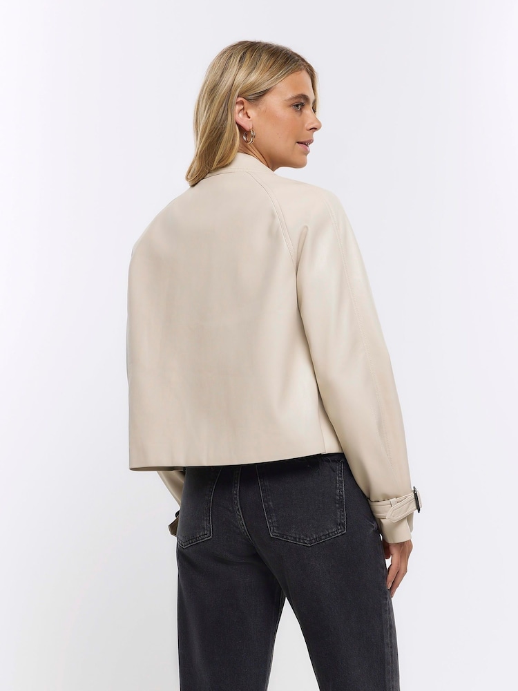 River Island Cream Crop Faux Leather Trench Coat - Image 2 of 3