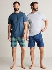 Blue/Grey Check Jersey Short 100% Cotton Pyjamas Set 2 Pack - Image 1 of 13