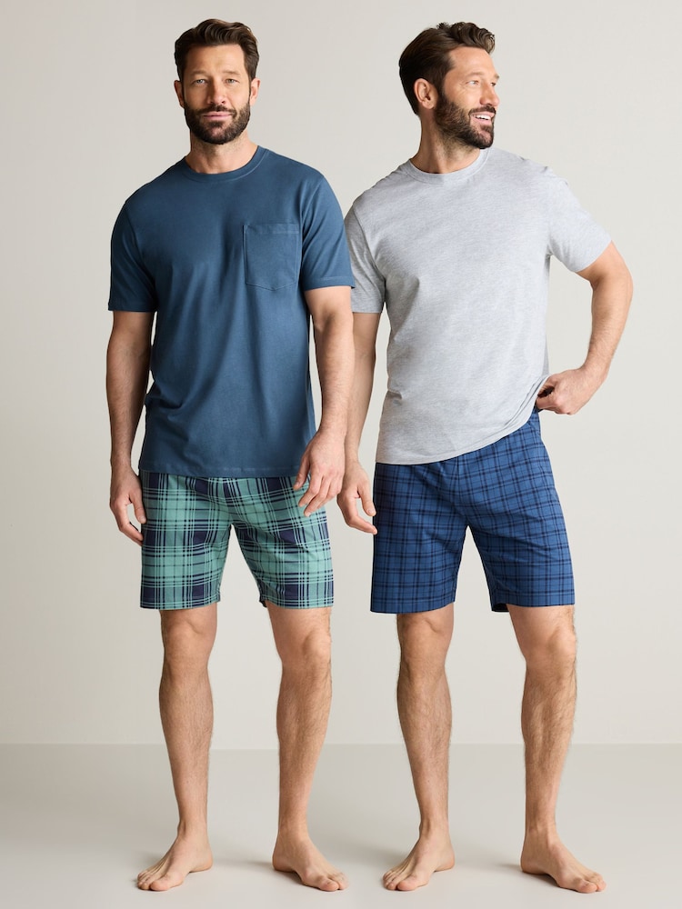 Blue/Grey Check Jersey Short 100% Cotton Pyjamas Set 2 Pack - Image 1 of 13