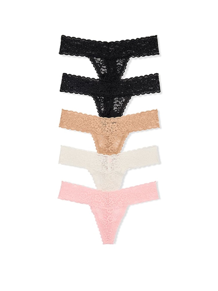 Victoria's Secret Black/Nude/White/Pink Thong 5 Pack Lace Knickers - Image 1 of 3