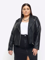 River Island Black Curve Faux Leather Biker Jacket - Image 1 of 4