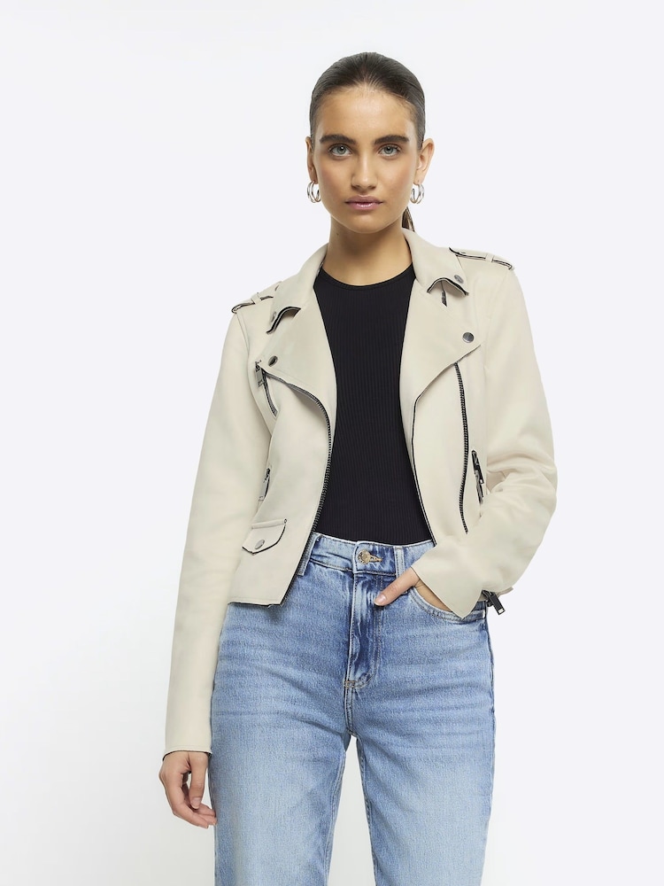 River Island White Suedette Crop Biker Jacket - Image 1 of 6 River Island White Suedette Crop Biker Jacket - Image 1 of 6