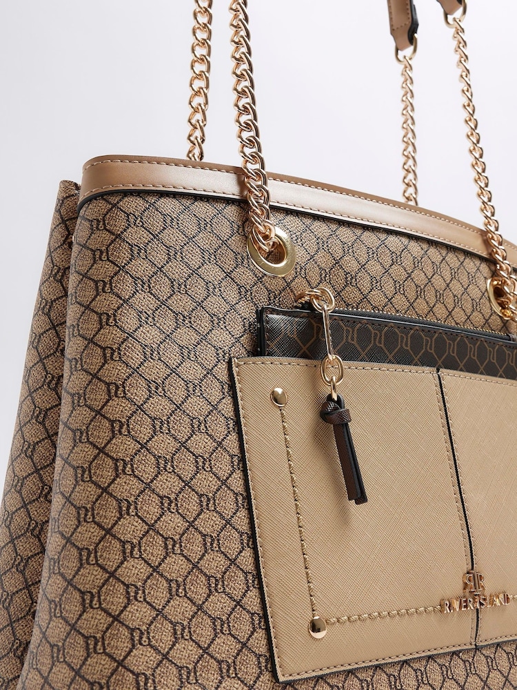 River Island Brown Monogram Pocket Tote Bag - Image 1 of 4