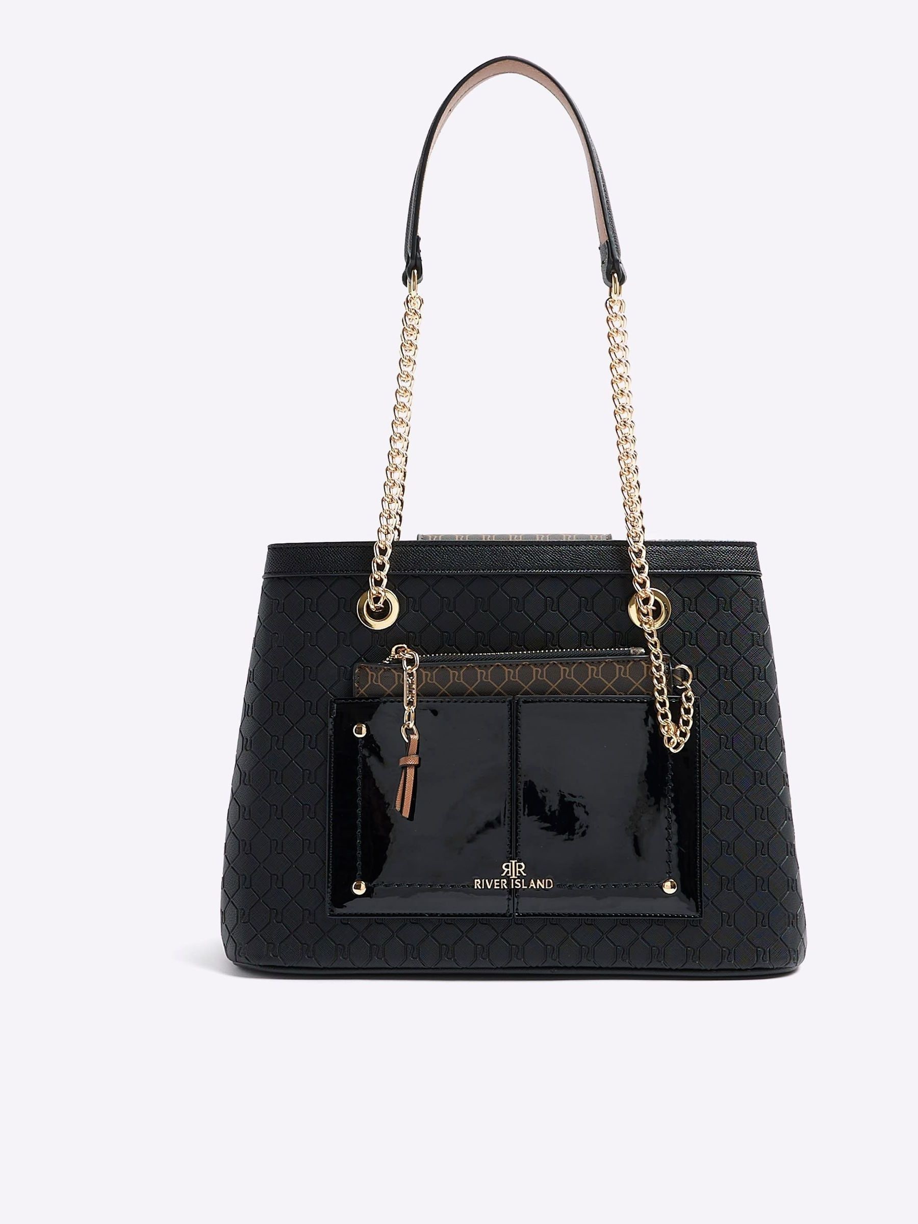 River island black chain handle pom pom tote bag deals