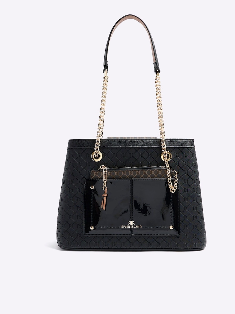 River Island Black Monogram Pocket Tote Bag - Image 1 of 4