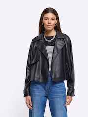 River Island Black Crop Faux Leather Trench Jacket - Image 1 of 4