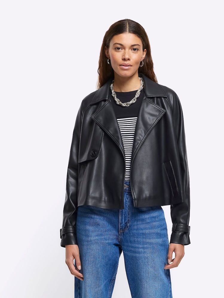 River Island Black Crop Faux Leather Trench Jacket - Image 1 of 4