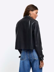 River Island Black Crop Faux Leather Trench Jacket - Image 2 of 4