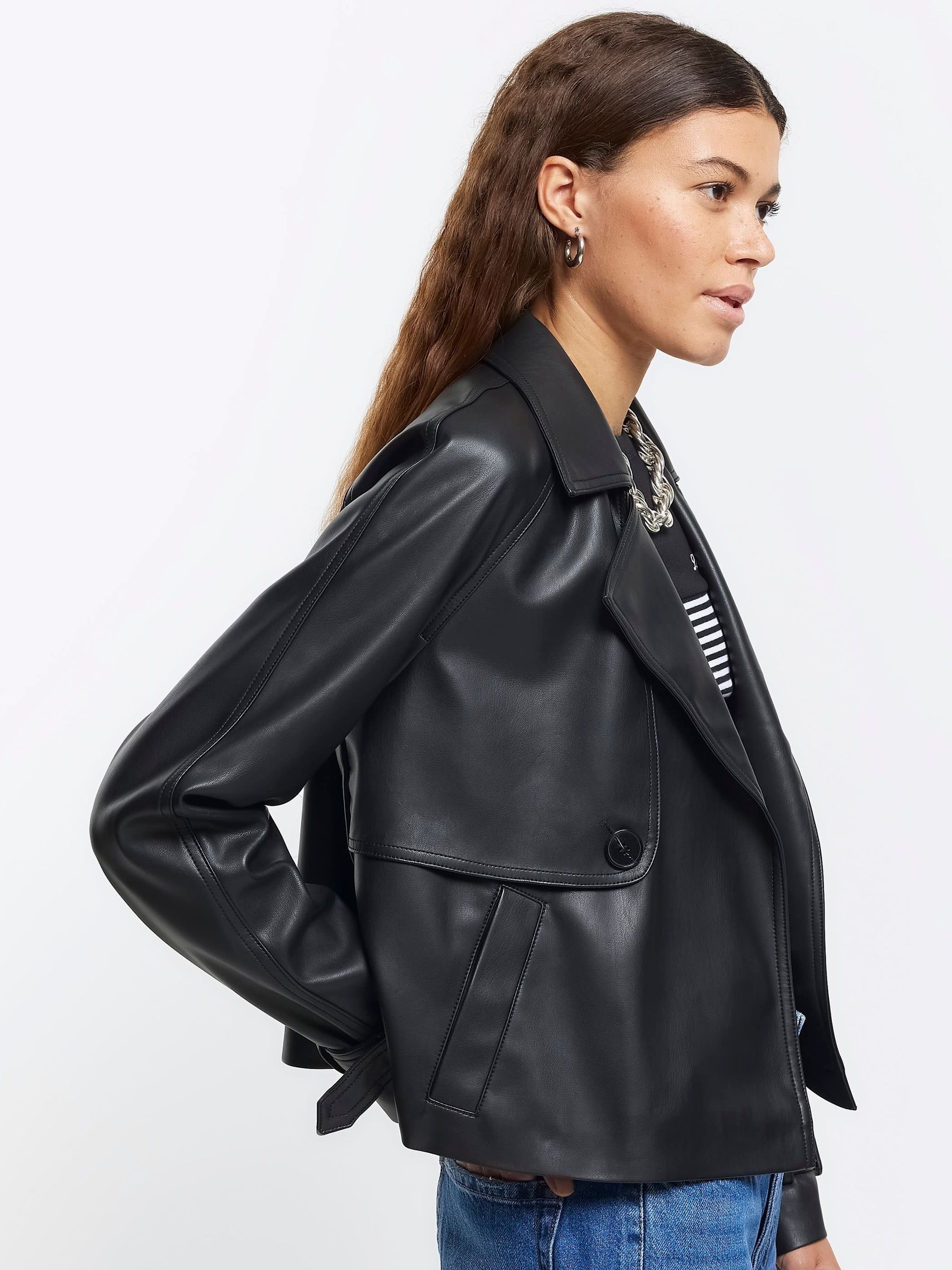 Buy River Island Black Crop Faux Leather Trench Jacket from the