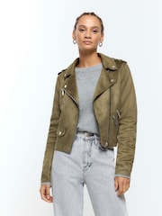 River Island Green Suedette Crop Biker Jacket - Image 1 of 3