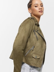 River Island Green Suedette Crop Biker Jacket - Image 2 of 3