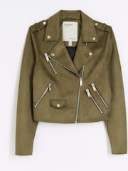 River Island Green Suedette Crop Biker Jacket - Image 3 of 3