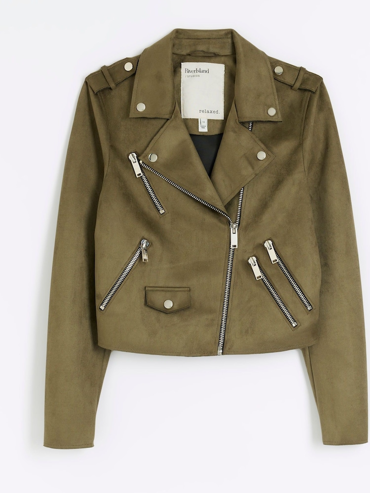 River Island Green Suedette Crop Biker Jacket - Image 3 of 3