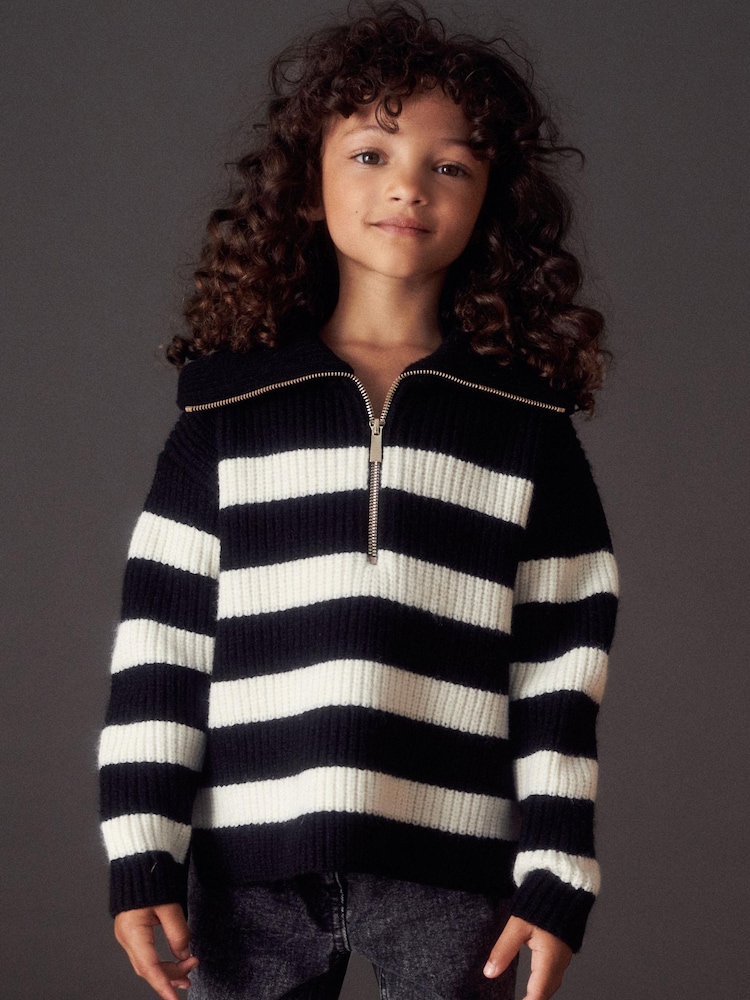 Black/White Half Zip Boxy Jumper (3-16yrs) - Image 1 of 8 Black/White Half Zip Boxy Jumper (3-16yrs) - Image 1 of 8