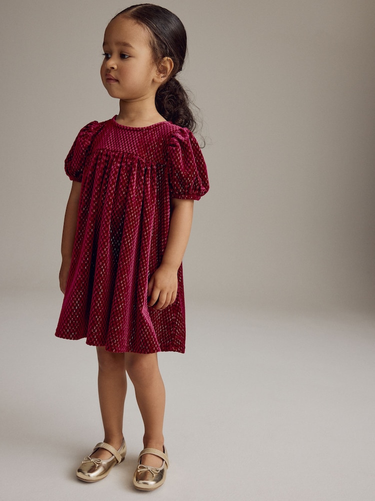 Burgundy Textured Puff Sleeve Velvet Party Dress (3mths-10yrs) - Image 2 of 7