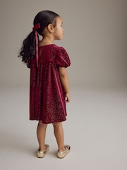 Burgundy Textured Puff Sleeve Velvet Party Dress (3mths-10yrs) - Image 4 of 7