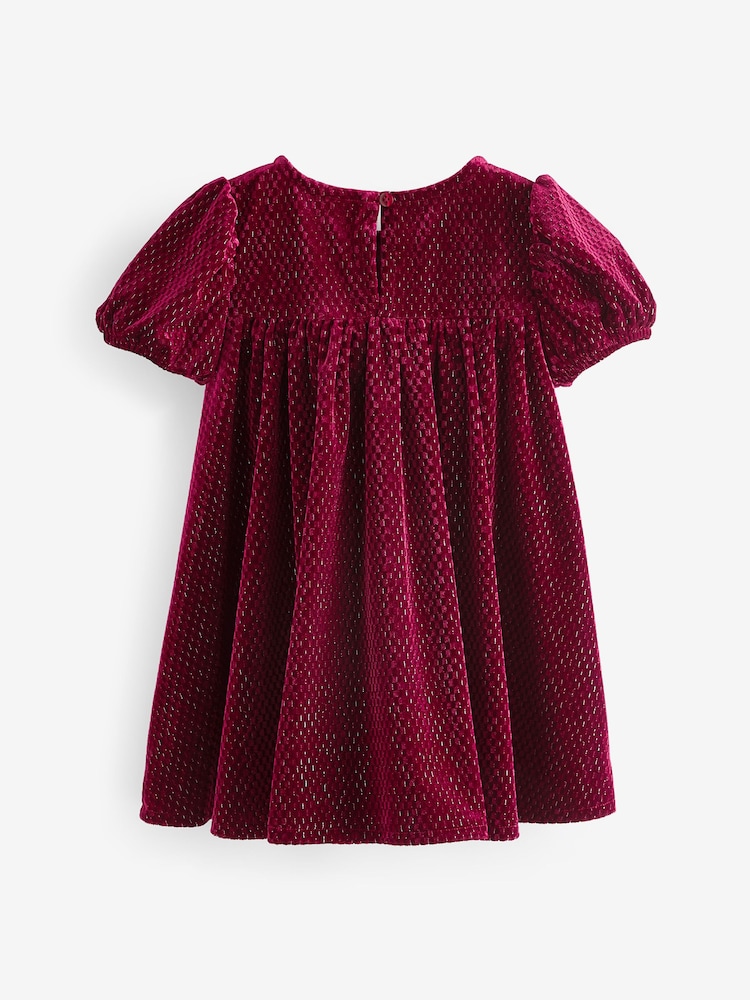 Burgundy Textured Puff Sleeve Velvet Party Dress (3mths-10yrs) - Image 7 of 7
