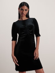 Black Velvet Puff Sleeve Ruched Detail Mini Dress - Image 1 of 6