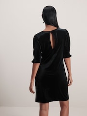 Black Velvet Puff Sleeve Ruched Detail Mini Dress - Image 3 of 6