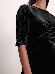 Black Velvet Puff Sleeve Ruched Detail Mini Dress - Image 4 of 6