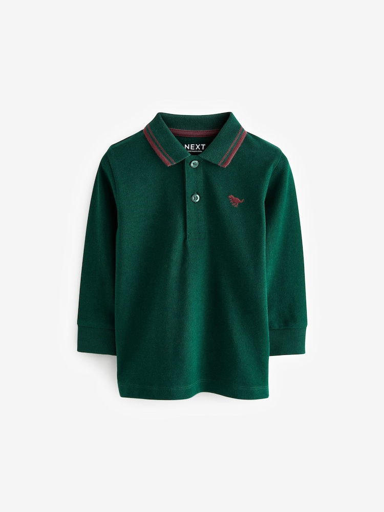 Green 100% Cotton Long Sleeve Polo Shirt (3mths-7yrs) - Image 1 of 3