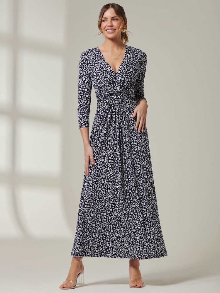 Jolie Moi Blue V-Neck 3/4 Sleeve Jersey Maxi Dress - Image 1 of 6 Jolie Moi Blue V-Neck 3/4 Sleeve Jersey Maxi Dress - Image 1 of 6
