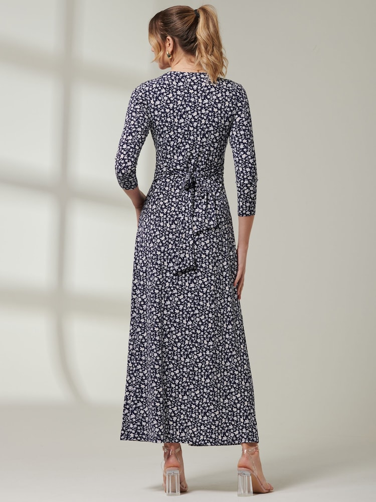 Jolie Moi Blue V-Neck 3/4 Sleeve Jersey Maxi Dress - Image 2 of 6 Jolie Moi Blue V-Neck 3/4 Sleeve Jersey Maxi Dress - Image 2 of 6