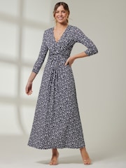 Jolie Moi Blue V-Neck 3/4 Sleeve Jersey Maxi Dress - Image 4 of 6