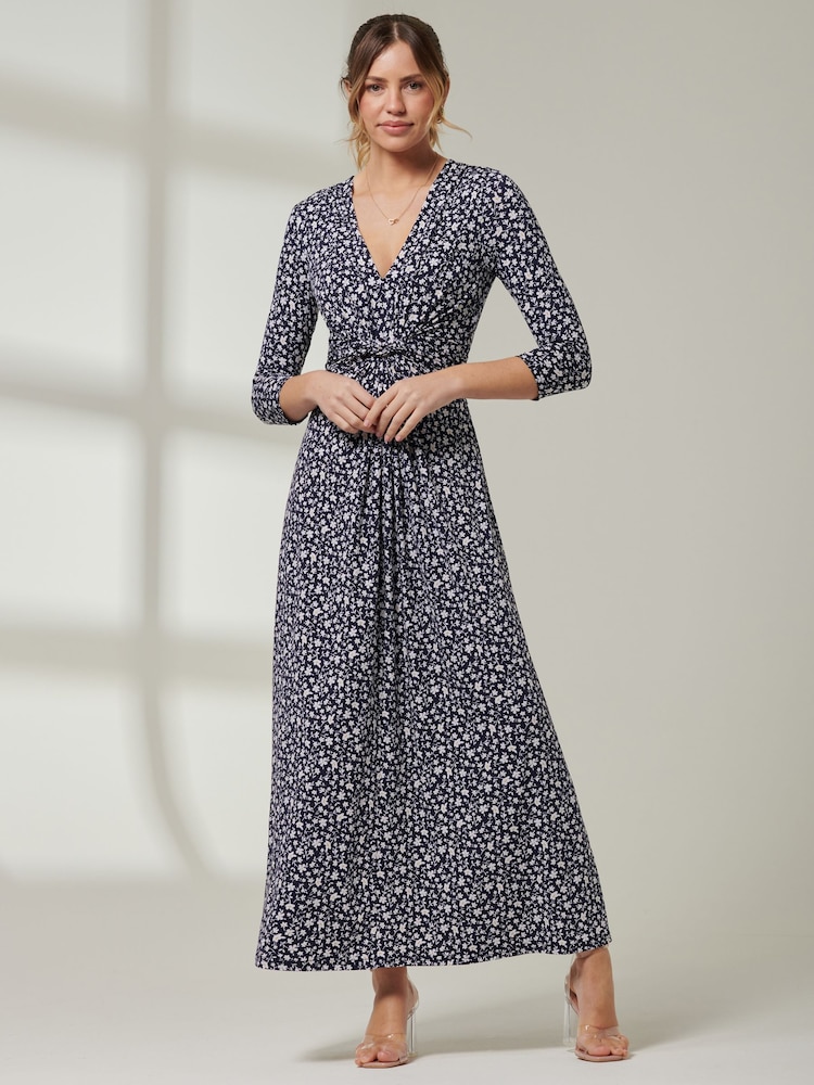 Jolie Moi Blue V-Neck 3/4 Sleeve Jersey Maxi Dress - Image 6 of 6