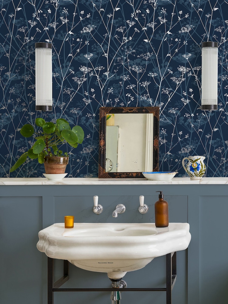 Clarissa Hulse Navy  Silver Wild Chervil A4 Wallpaper Sample - Image 1 of 3