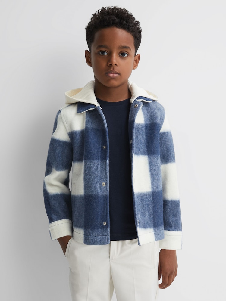 Reiss Blue Scott Senior Brushed Removable Hood Check Jacket - Image 1 of 8